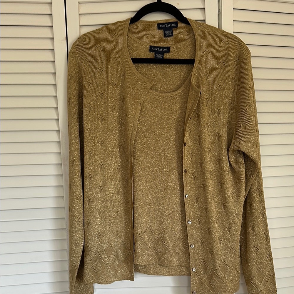 Ann Taylor Gold Cardigan and Tank Sweater Set